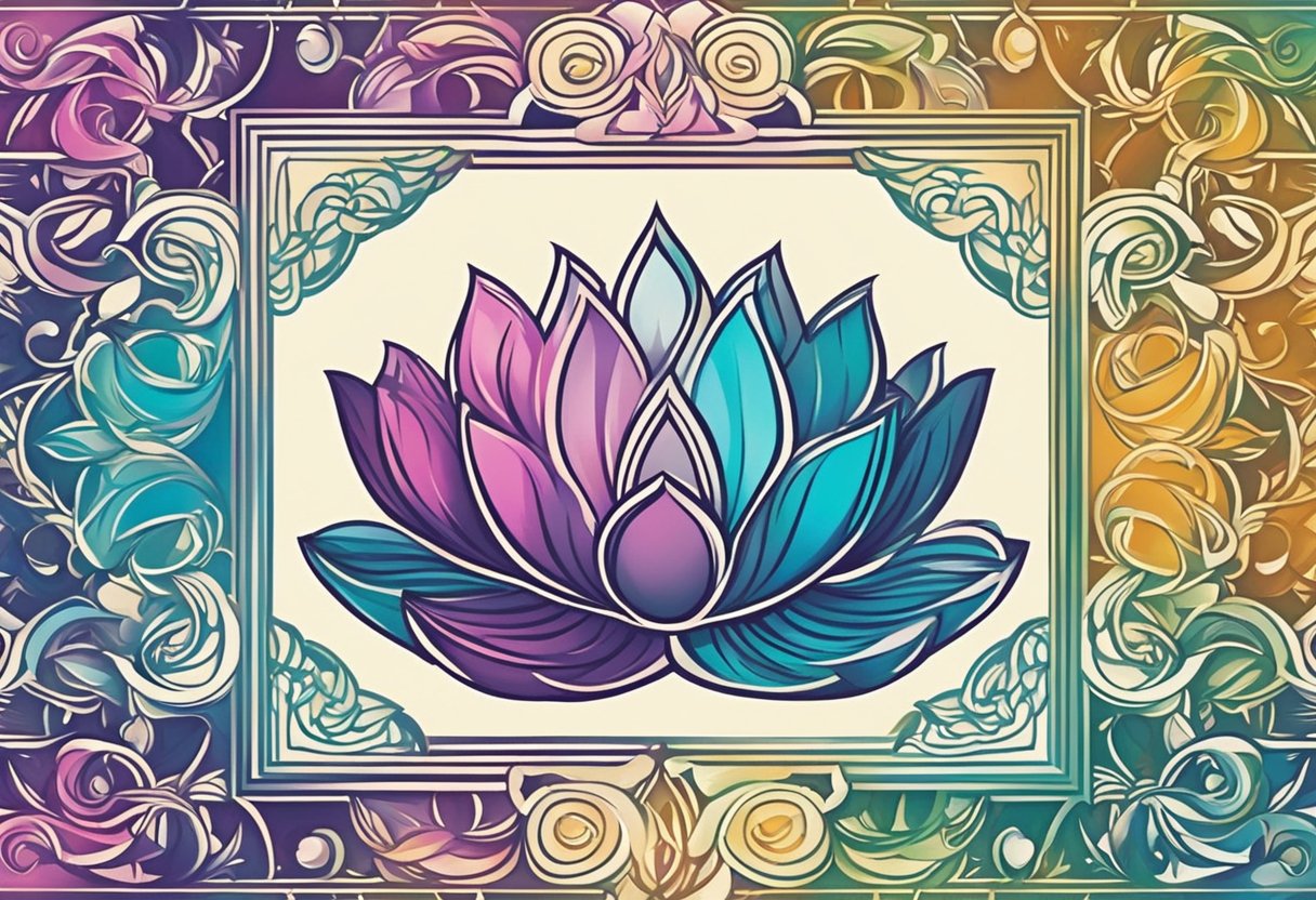 A colorful array of Tamil script surrounds a delicate lotus flower, symbolizing purity and femininity