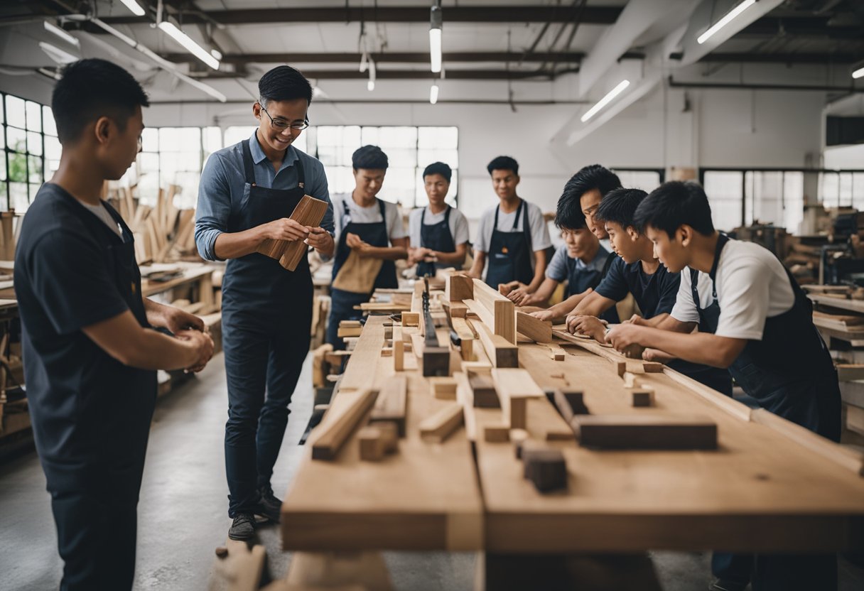 A woodworking instructor demonstrates hand tool techniques to a group of students in a well-equipped furniture making workshop in Singapore
