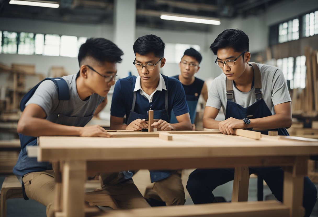 A group of students gather around a woodworking bench, listening attentively to the instructor as they learn the art of furniture making in a classroom setting in Singapore