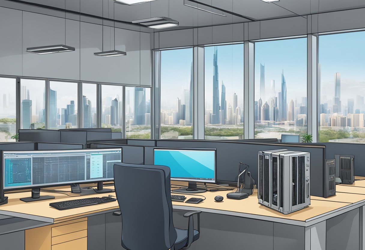 An IT technician in UAE sets up network equipment in a modern office, with city skyline visible through the window