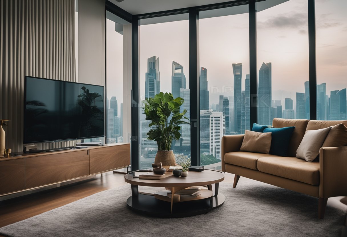 A cozy living room with modern furniture, soft lighting, and a view of the Singapore skyline