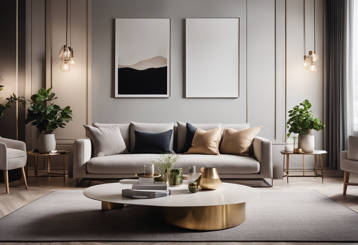 A cozy living room with modern furniture, soft lighting, and elegant decor. A sleek sofa, stylish coffee table, and chic wall art complete the scene