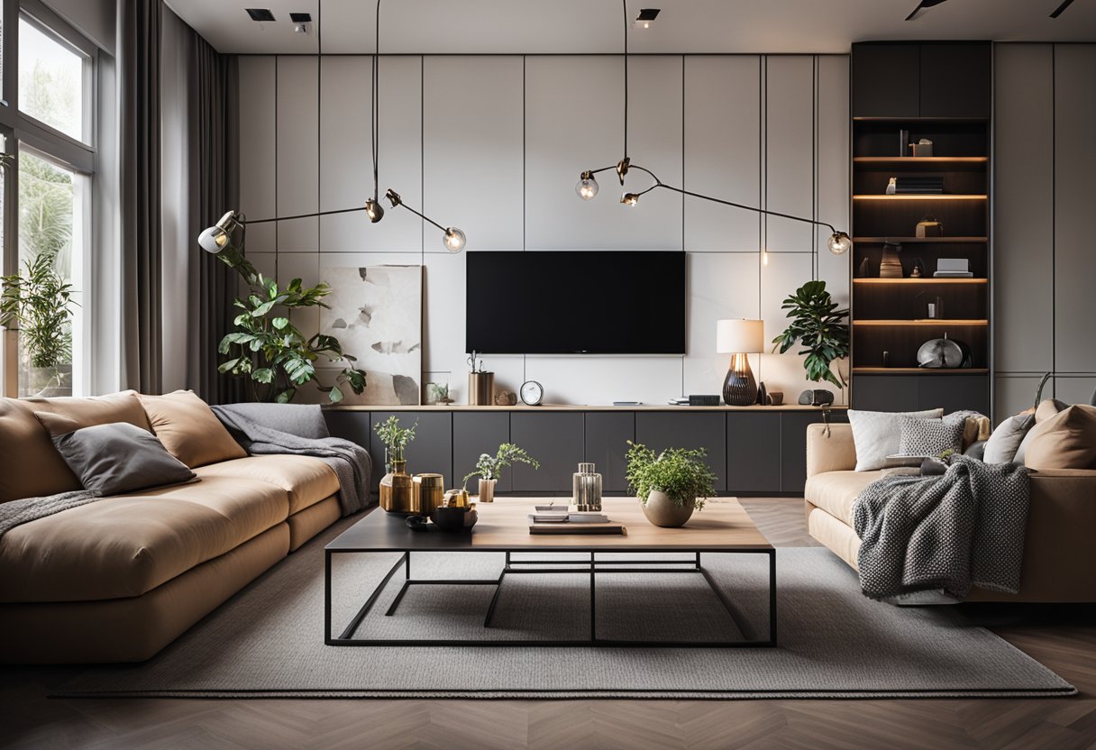 A cozy living room with modern furniture, soft lighting, and a functional layout