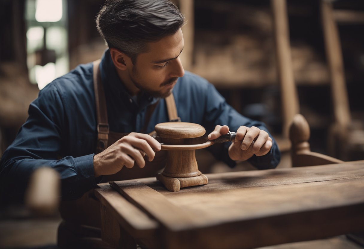 A skilled artisan carefully sands down an antique wooden chair, revealing its rich grain and intricate details