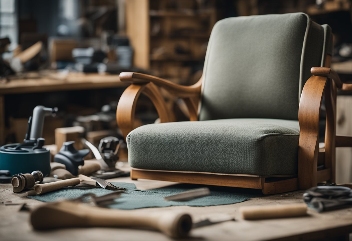 A worn-out chair is being reupholstered in a workshop, surrounded by tools and fabric swatches