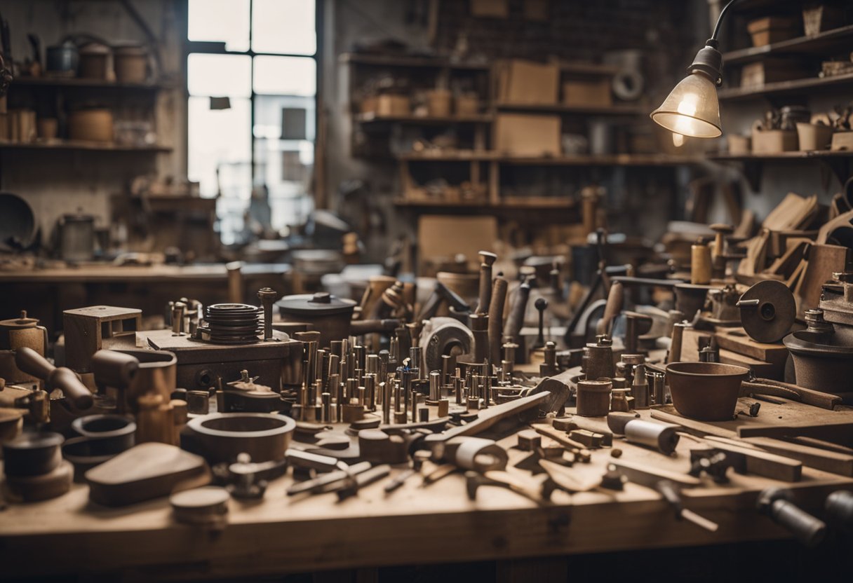 A cluttered workshop with various furniture pieces in different stages of restoration. Tools and materials are scattered on workbenches and shelves