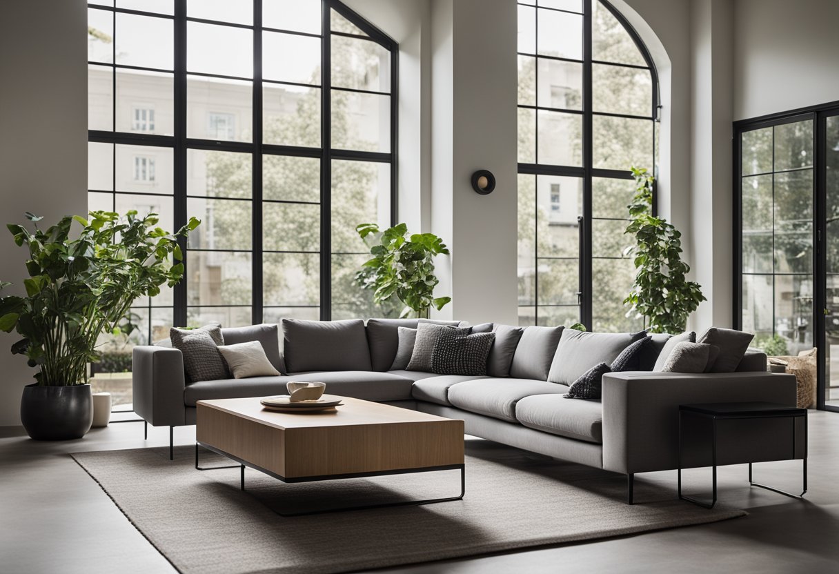 A modern living room with sleek furniture, including a stylish sofa, coffee table, and minimalist decor. The space feels open and inviting, with natural light streaming in through large windows