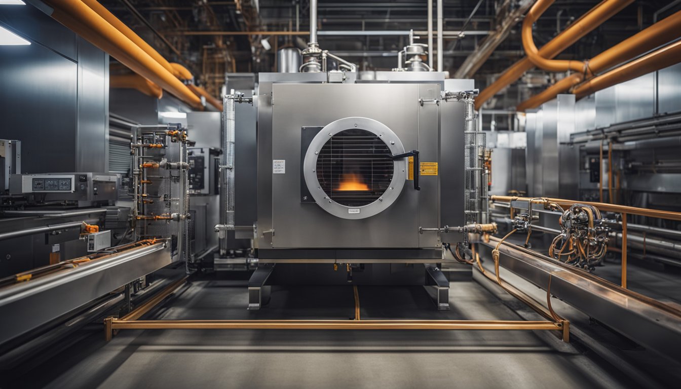 The resistance heating furnace glows red-hot, surrounded by heat-resistant materials and safety barriers. Temperature controls and monitoring devices are visible nearby