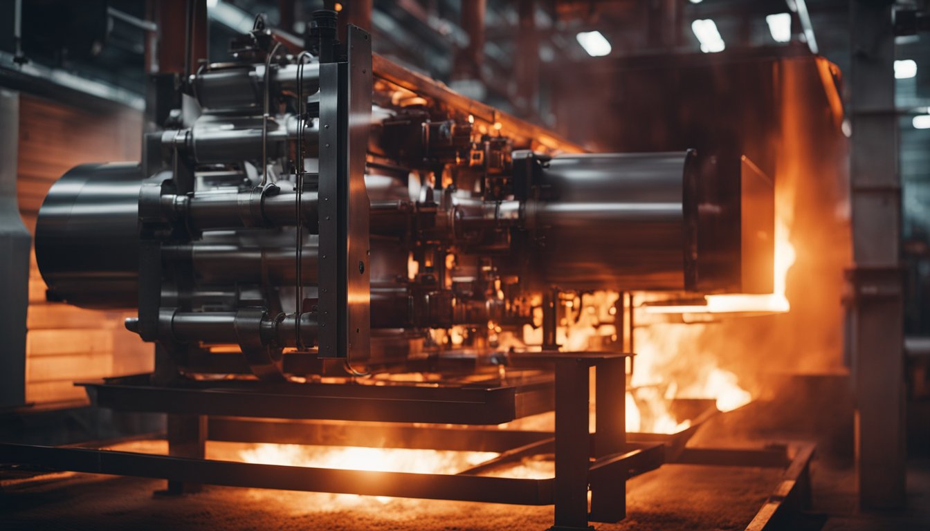 The preheating furnace glows red, emitting intense heat. Flames dance within, casting flickering shadows. The metal structure looms large, dominating the industrial space