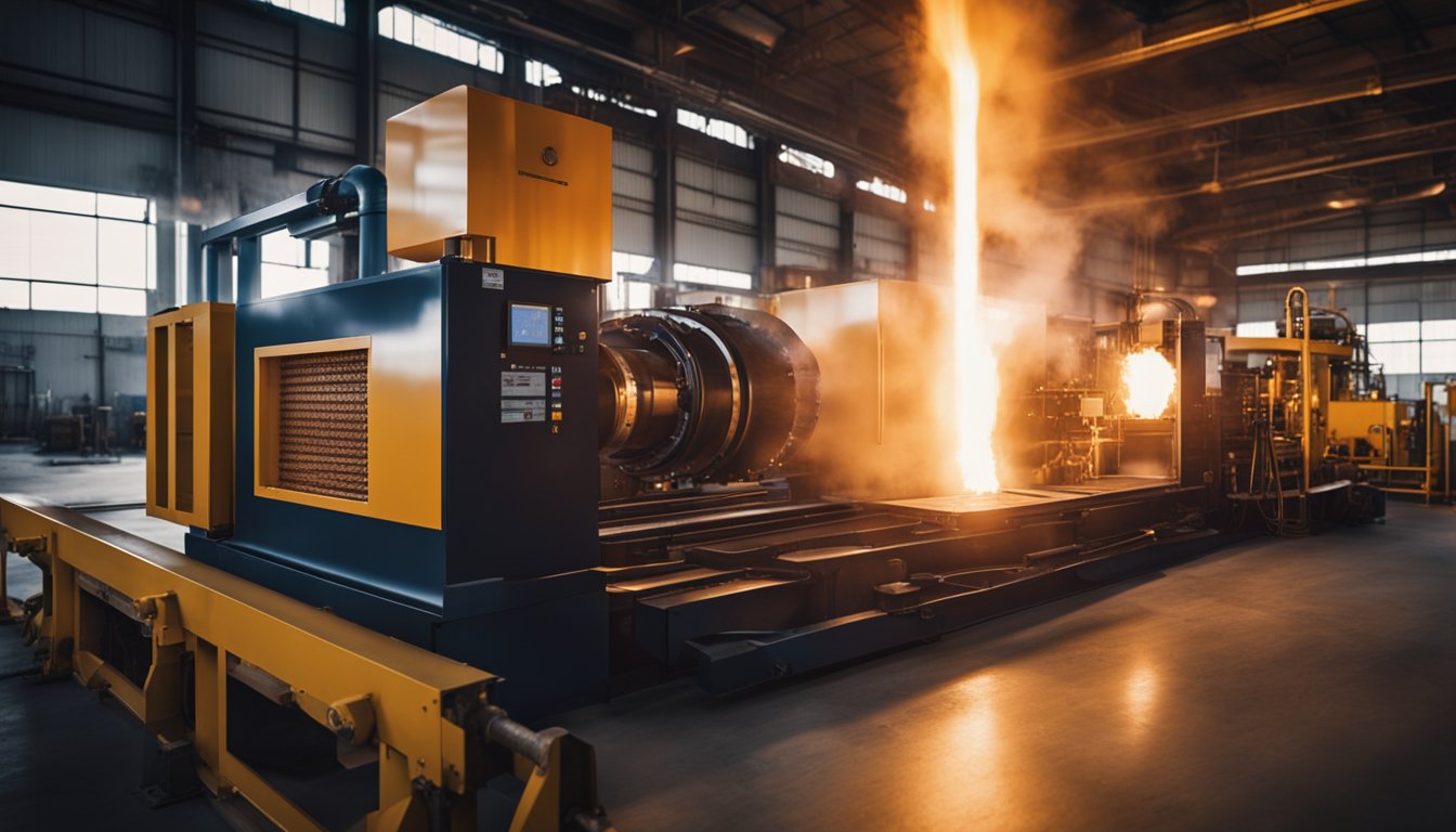 The walking beam reheating furnace roars with intense heat, casting a fiery glow on the surrounding machinery and metalwork