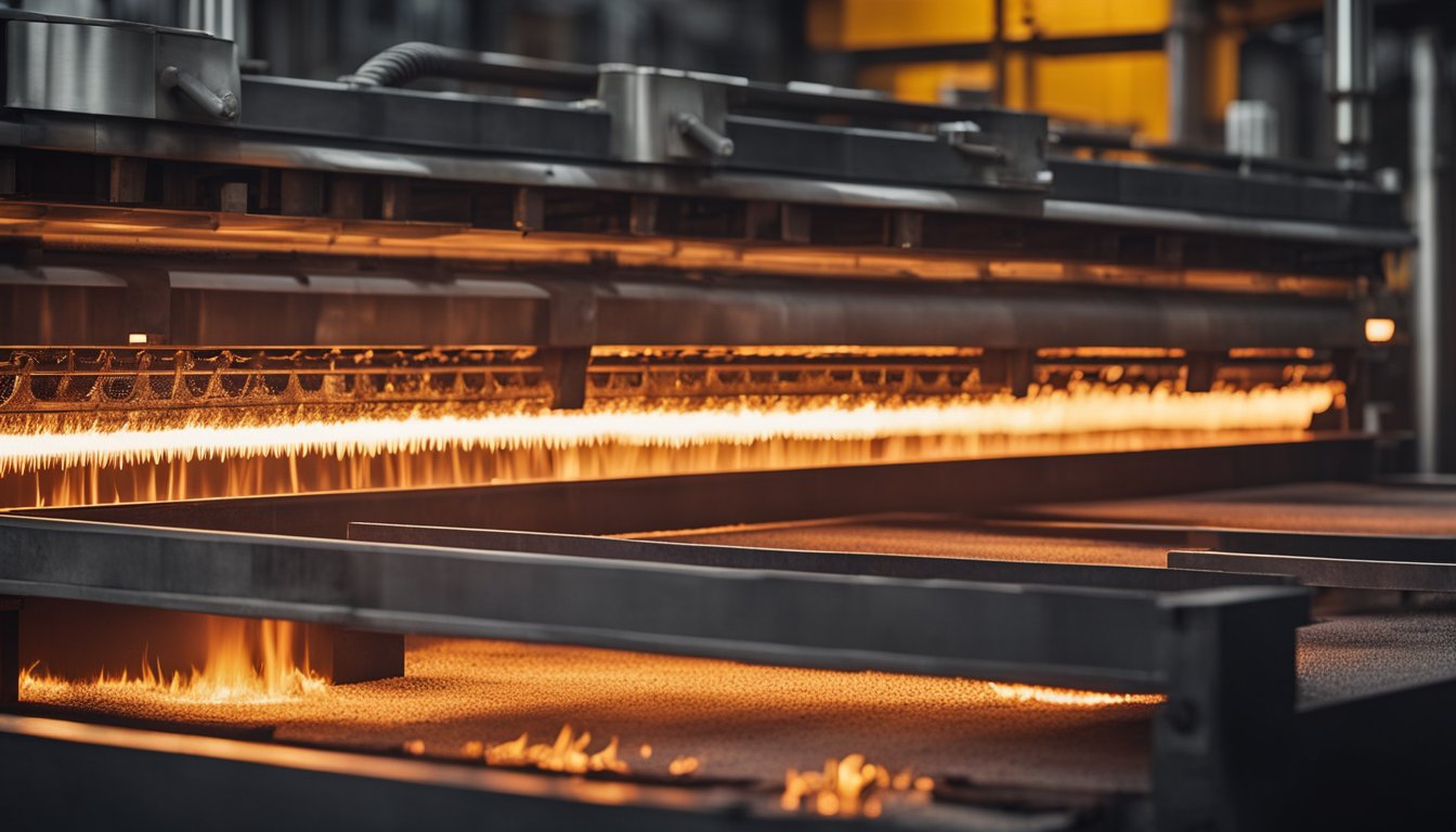 The walking beam reheating furnaces are in motion, with glowing hot metal slabs moving along the conveyor system. Flames and heat radiate from the furnace openings