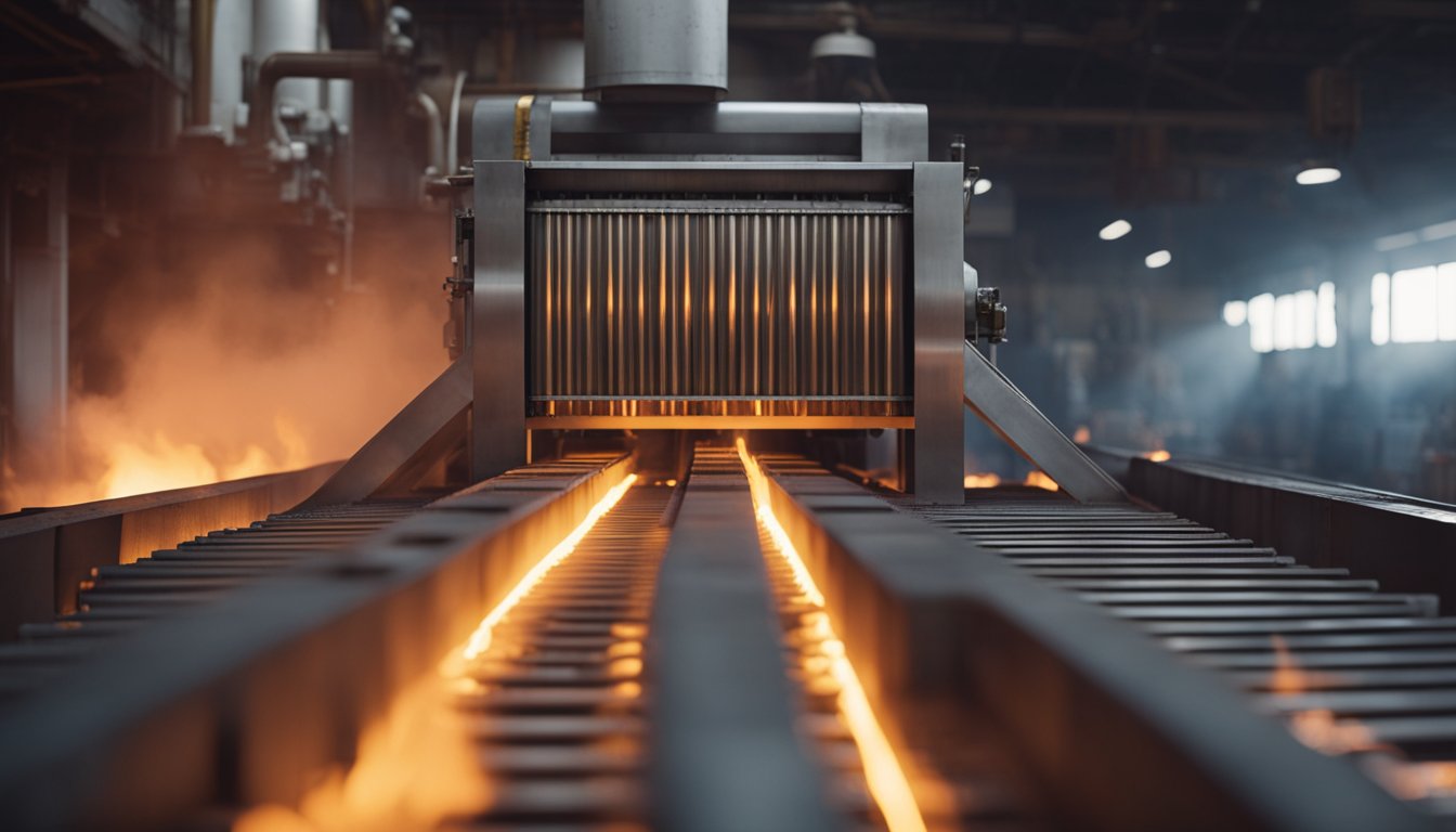 A walking beam reheating furnace in operation, with glowing hot metal bars moving along the conveyor belt and flames roaring from the furnace