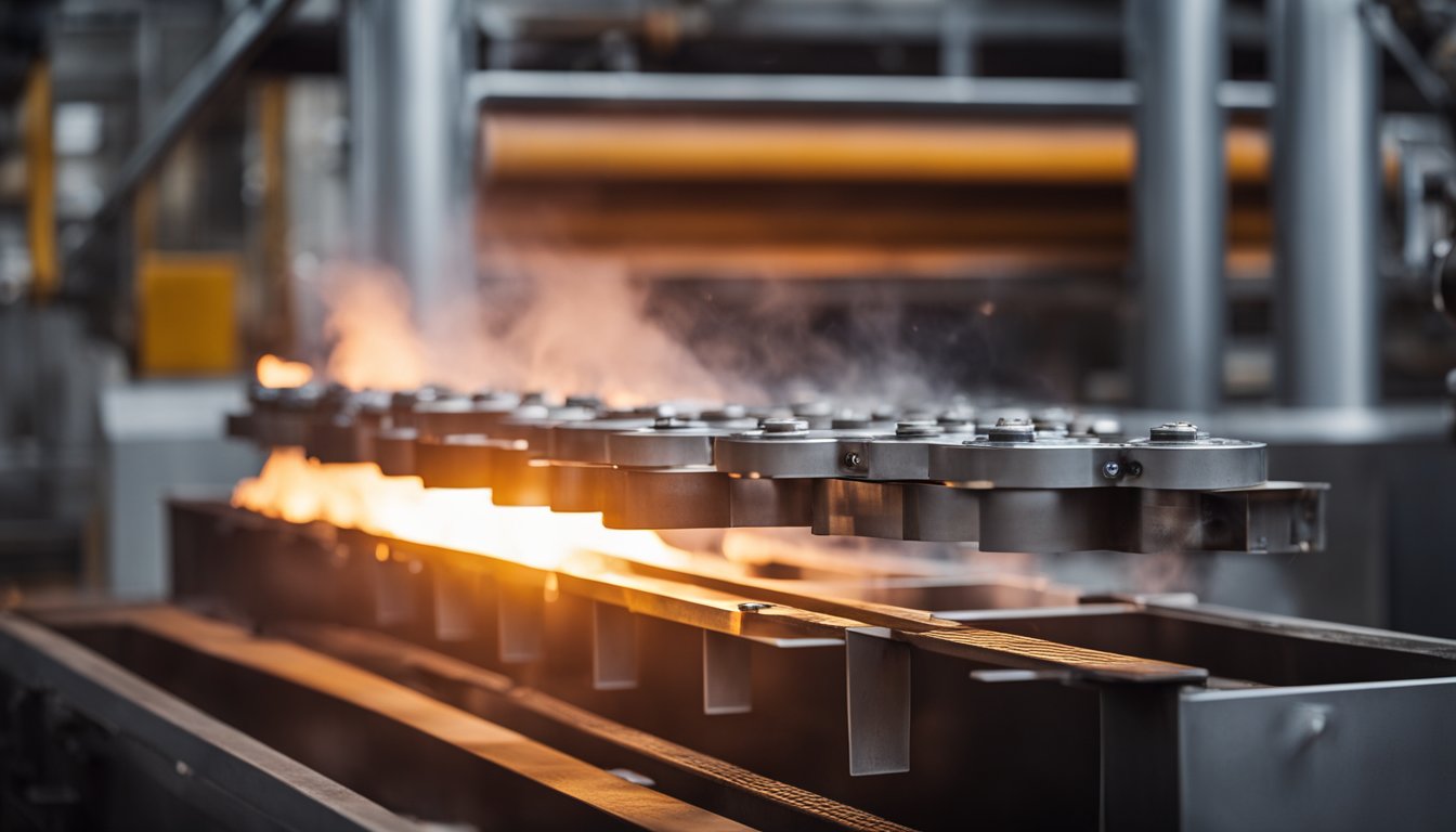 A walking beam reheating furnace operates with glowing hot metal and rhythmic movement