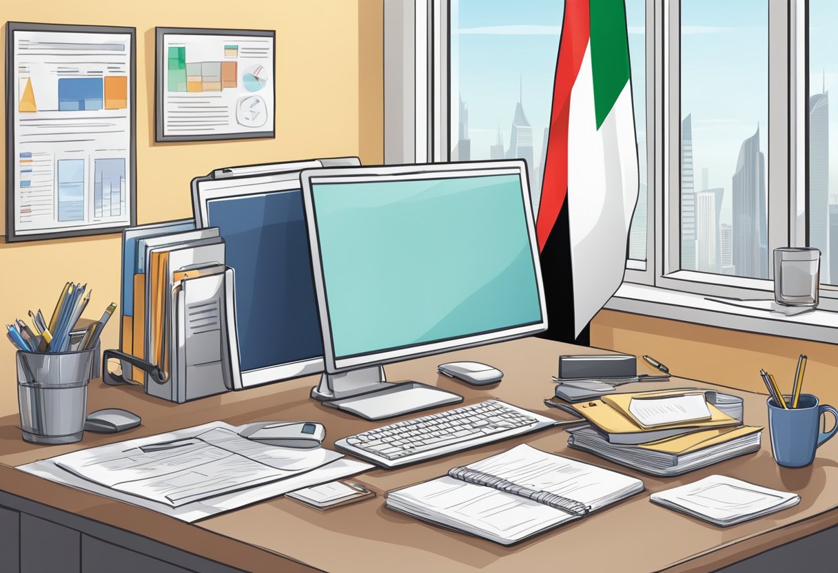 A desk with a computer, files, and a compliance manual. UAE flag in the background. Office setting with professional atmosphere