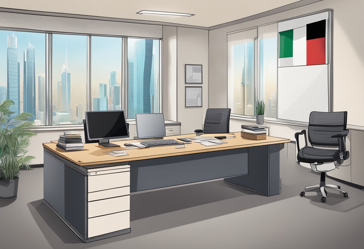 An office setting with a desk, computer, and files. UAE flag in the background. No human subjects