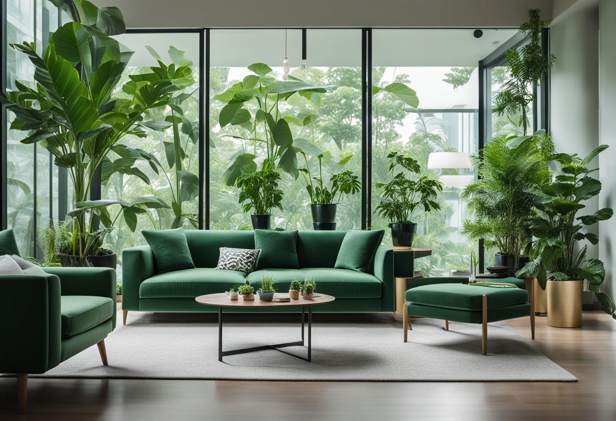 A modern living room with sleek green furniture in Singapore. The room is bathed in natural light, with plants adding a touch of nature to the space
