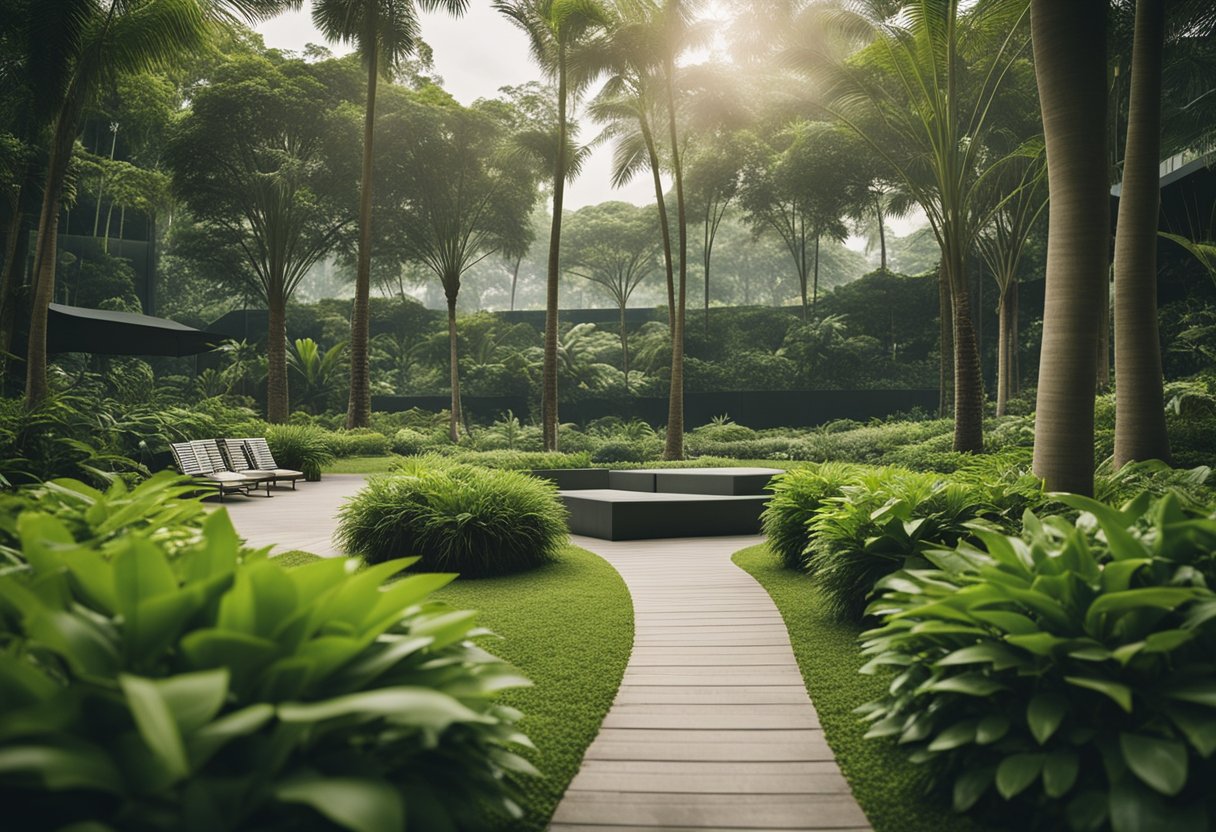 A lush, green park in Singapore with modern, eco-friendly furniture blending seamlessly into the natural surroundings