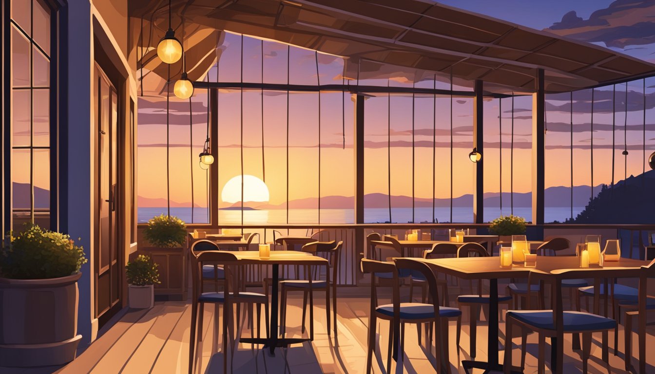 The sun sets behind a cozy restaurant with a crescent moon above. Outdoor tables and chairs are bathed in warm light