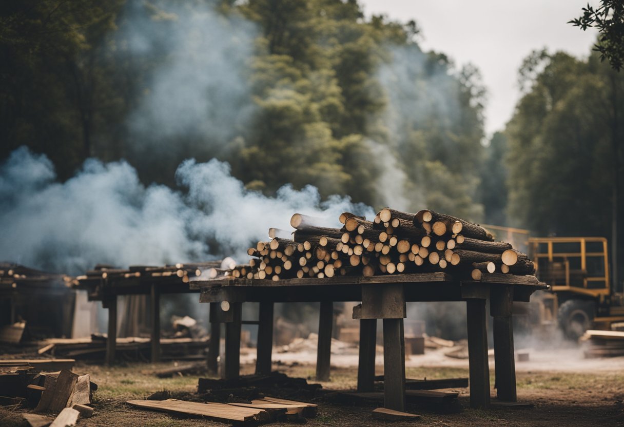 A factory emits smoke while workers cut down trees for furniture