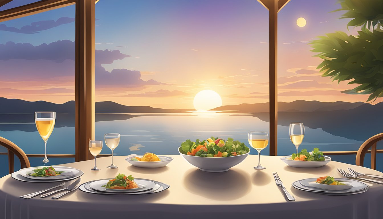 A table set with elegant dishes and a view of the sun setting over a serene lake at Sun Moon Restaurant