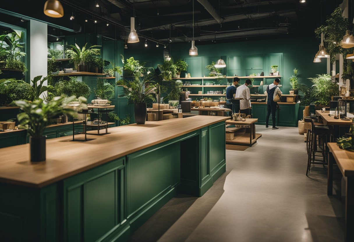 A green furniture store in Singapore with customers browsing and staff assisting