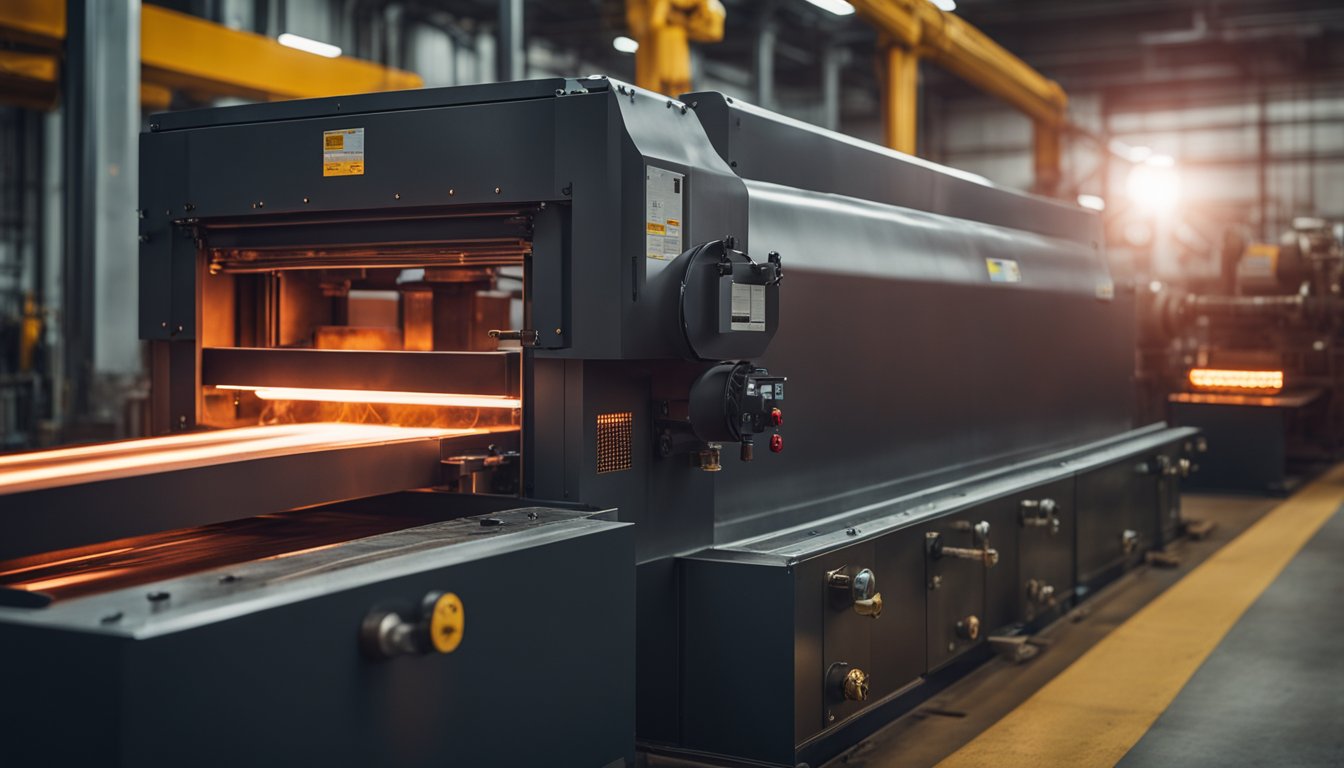 A billet reheating furnace glowing red with intense heat, surrounded by industrial machinery and conveyor belts