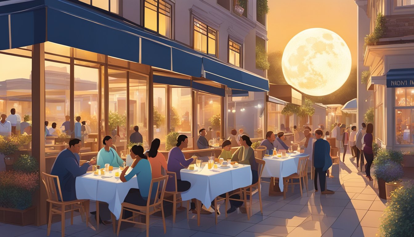 Customers enjoying a meal under a bright sun and a glowing moon at a bustling restaurant