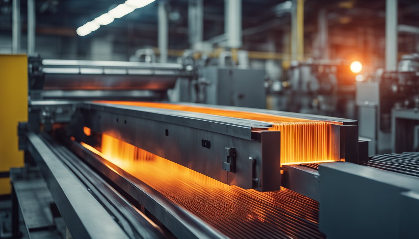 A billet reheating furnace with glowing red-hot metal billets moving along a conveyor belt inside a large industrial facility