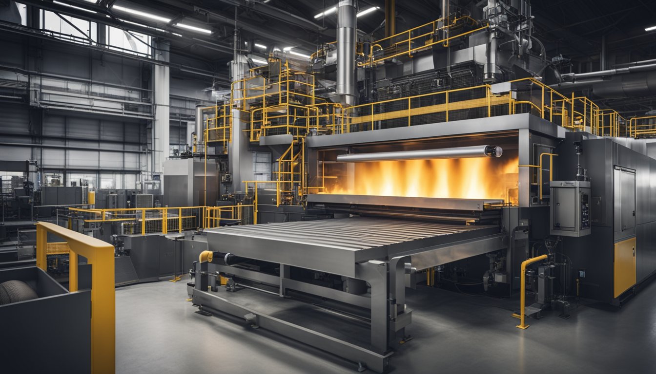 A continuous annealing furnace with conveyor belts, heating elements, and cooling chambers in a large industrial setting