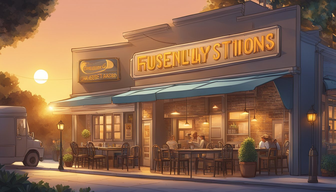 The sun setting behind a crescent moon, casting a warm glow over a bustling restaurant with a sign reading "Frequently Asked Questions."