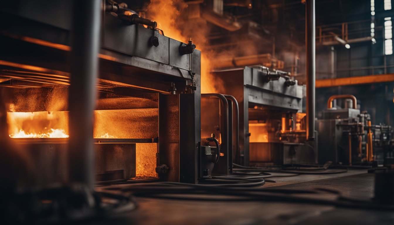 The billet reheating furnace roars to life, flames licking the metal as it heats to the optimal temperature for processing. The glow of the furnace casts an orange hue over the surrounding area, creating a dramatic and industrial scene