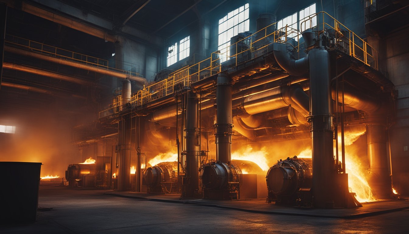 The industrial heat treatment furnaces roar with intense flames and glowing metal within their cavernous chambers