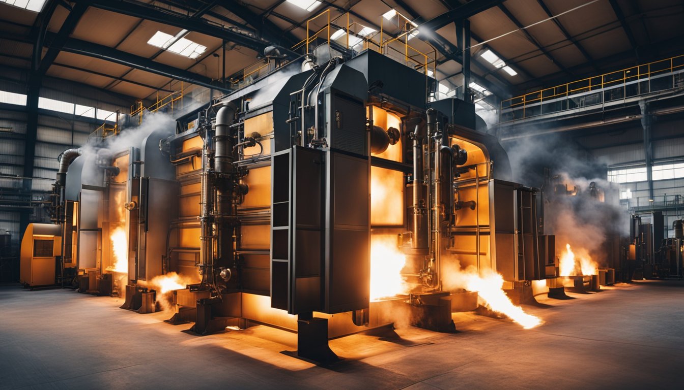 Industrial heat treatment furnaces in a large factory, with flames and heat emanating from the open doors, surrounded by pipes and machinery