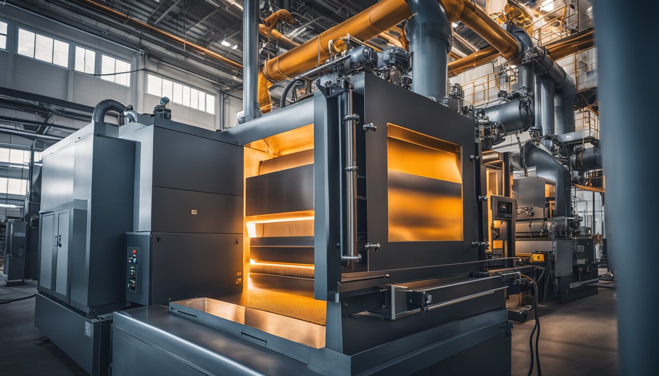 Industrial heat treatment furnaces with various components and designs, including heating elements, insulation, control panels, and conveyor systems