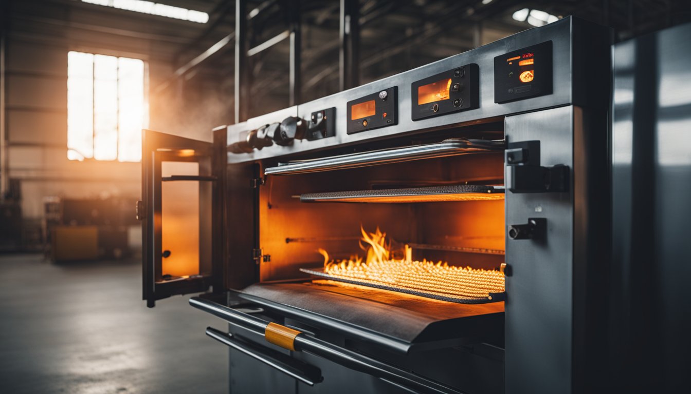 An industrial heat treat oven glows red-hot, with metal parts inside. Flames and heat emanate from the open door, creating a dramatic and intense atmosphere