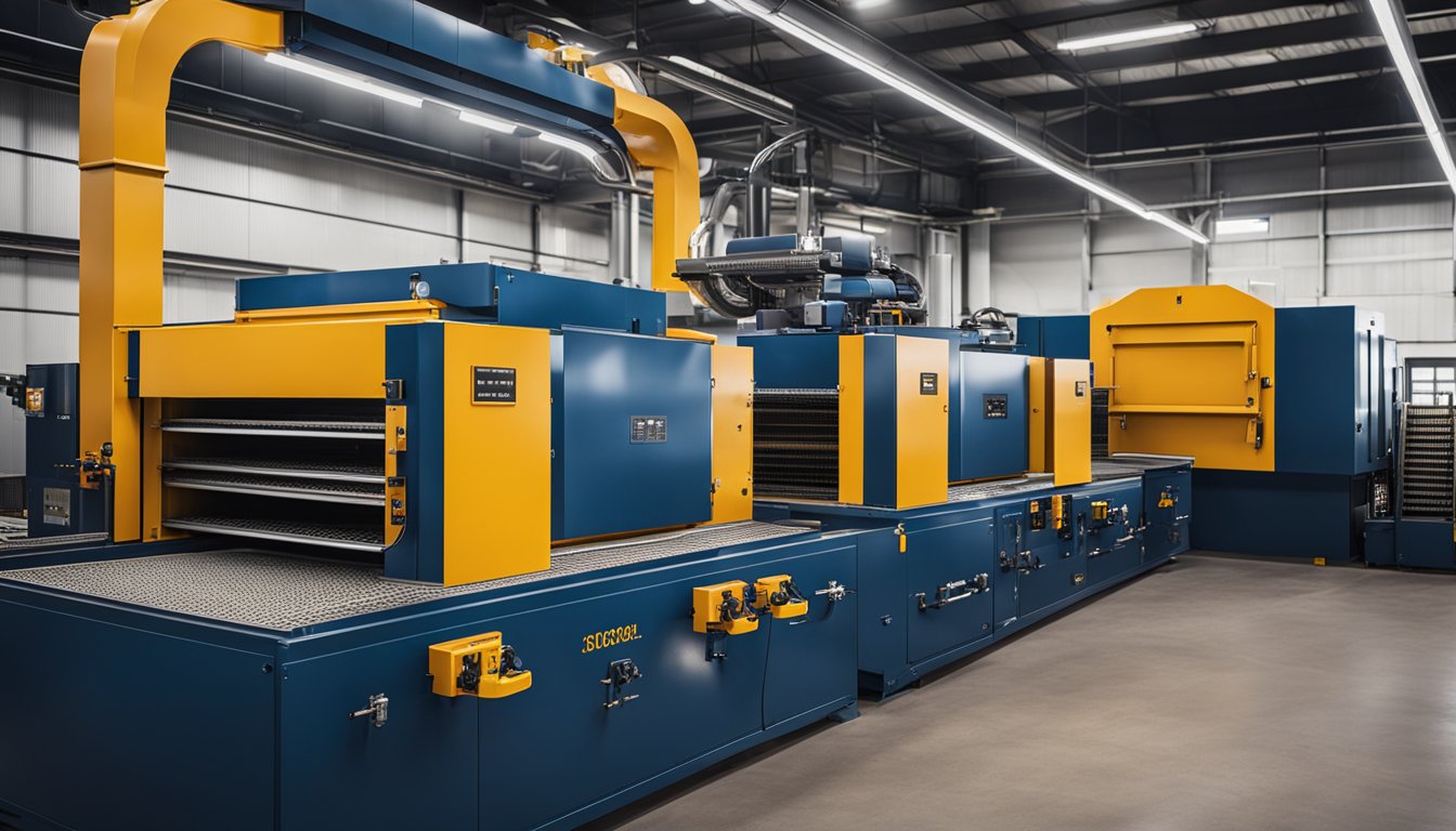 A large industrial heat treat oven with multiple chambers and conveyor belts, surrounded by heavy machinery and industrial equipment