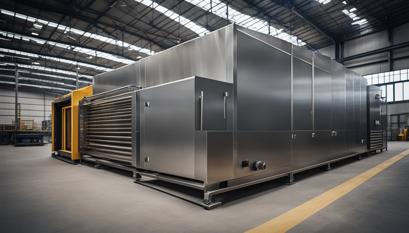 A large industrial heat treat oven is being assembled by workers in a factory, with metal panels and insulation being installed