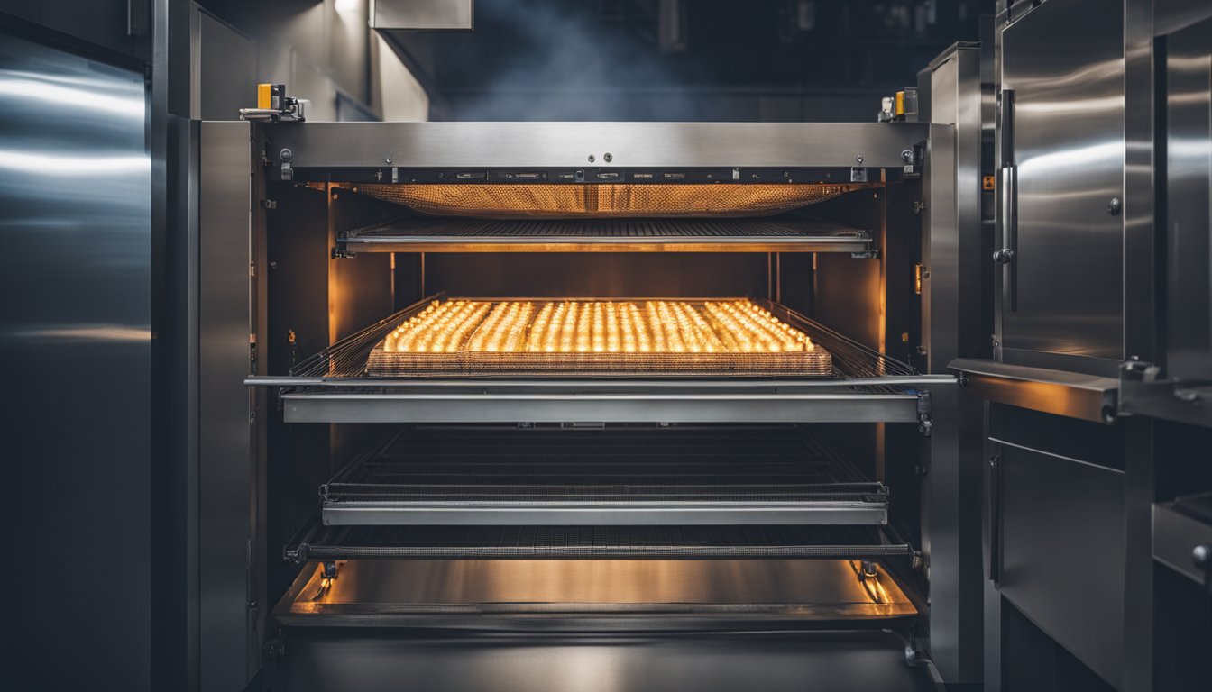 The industrial heat treat oven operates with glowing coils and a controlled atmosphere