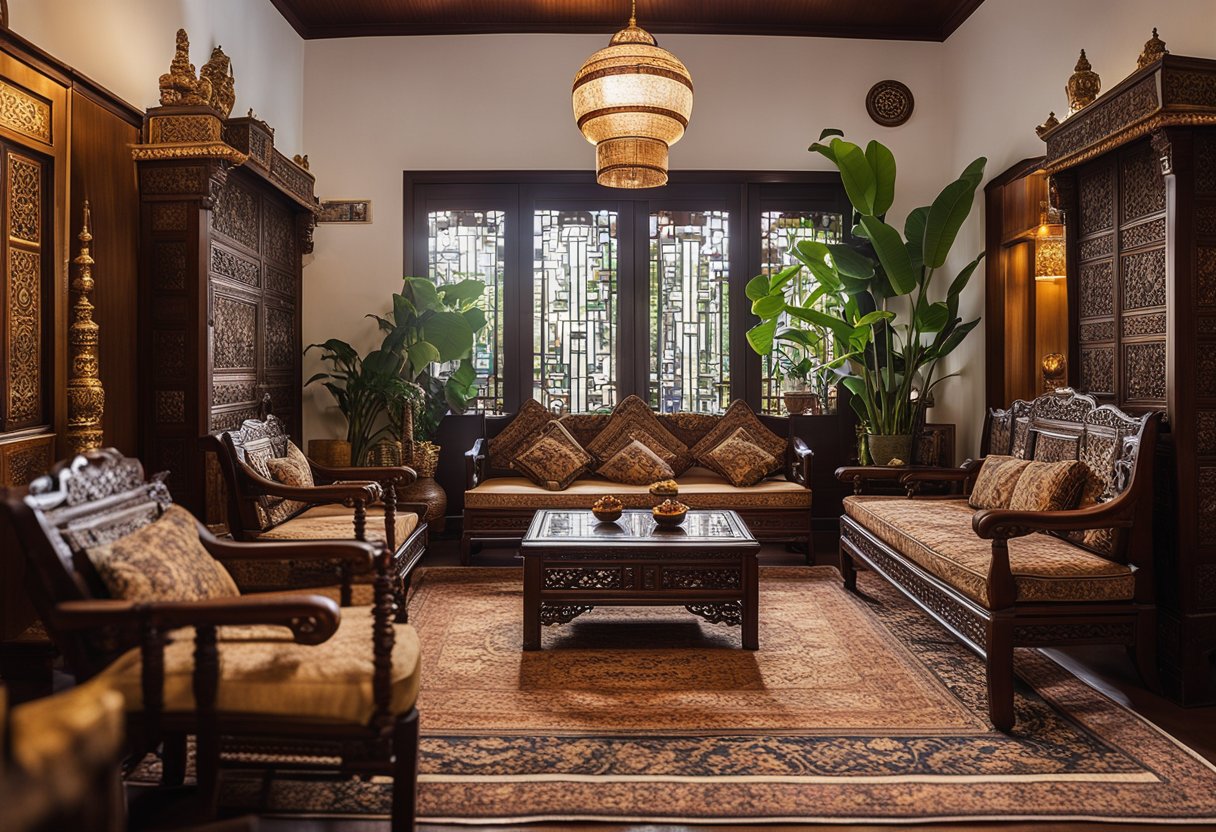 A cozy living room with traditional Tibetan furniture in Singapore. Richly patterned rugs, carved wooden tables, and ornate chairs fill the space