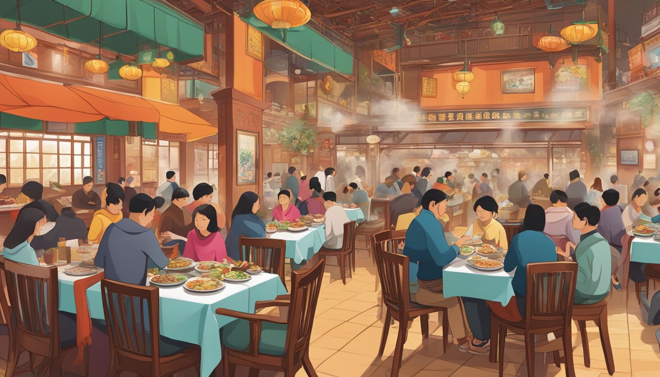 A bustling Taliwang restaurant with steaming plates, vibrant decor, and diners savoring spicy, aromatic dishes