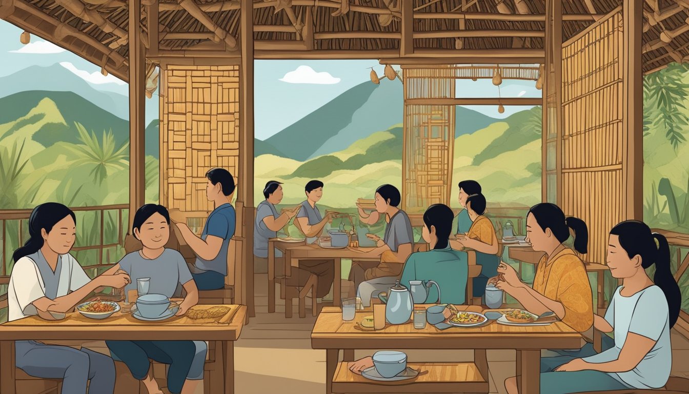 Customers enjoying traditional Sasak cuisine at Taliwang Restaurant. Decor features woven bamboo and local artwork. Smoky aroma fills the air