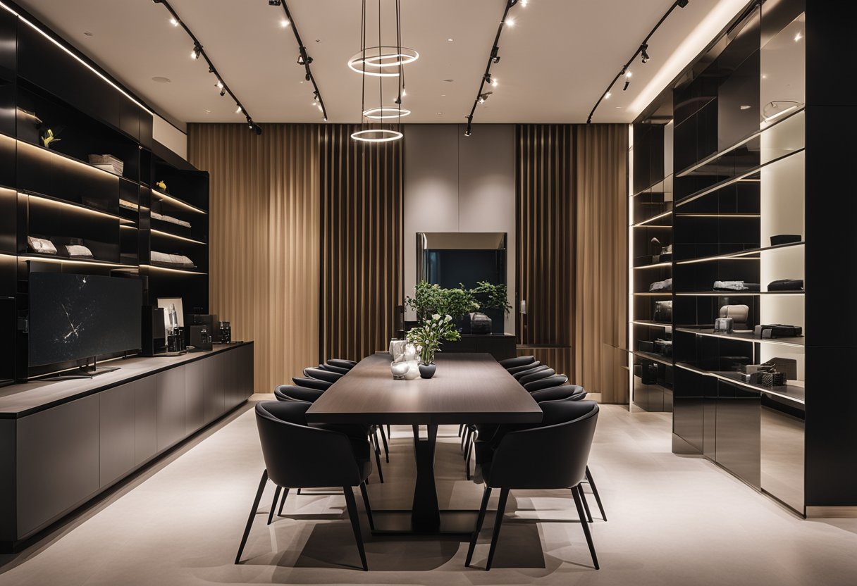 A modern, minimalist showroom with sleek furniture displays and soft lighting at Herman Furniture Singapore