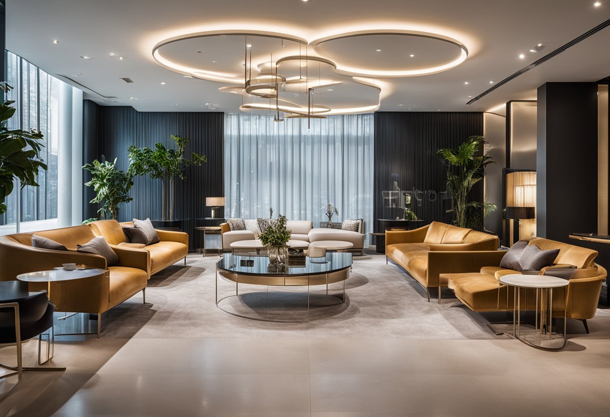 The showroom features modern furniture displays, with clean lines and elegant designs. Bright lighting highlights the sleek finishes and luxurious materials