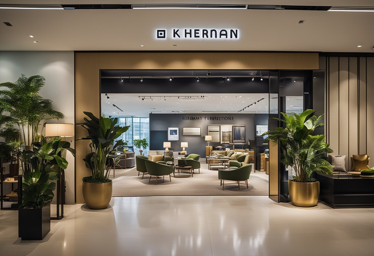 The scene depicts a modern furniture showroom in Singapore with various stylish pieces on display and a sign reading "Frequently Asked Questions herman furniture singapore"