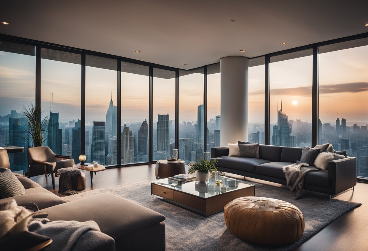 A cozy living room with modern Hommage furniture, soft lighting, and a view of the city skyline through floor-to-ceiling windows