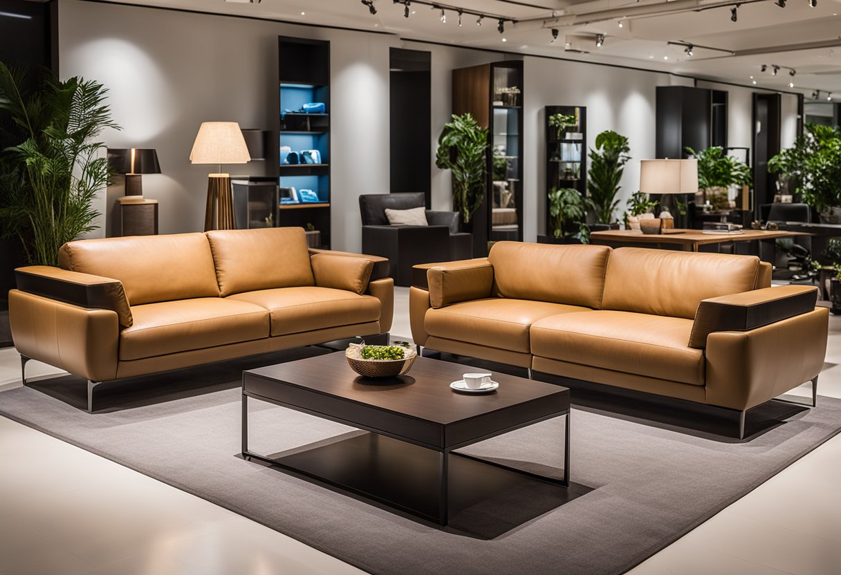 A spacious showroom displays Hommage's unique furniture collection in Singapore. Various styles and materials are showcased, including elegant wooden tables and modern leather sofas