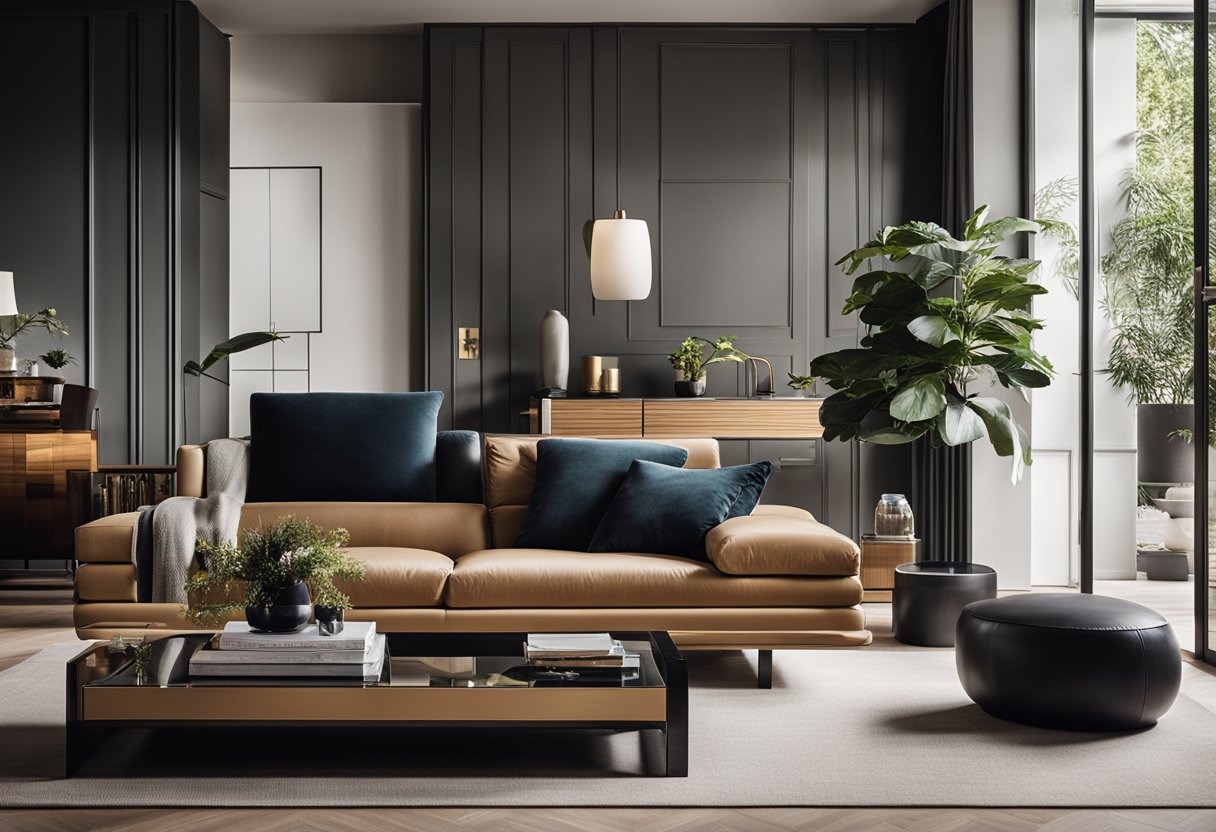 A modern living room with sleek Hommage furniture, including a minimalist coffee table, a stylish sofa, and a statement armchair, all accented with contemporary decor and soft lighting