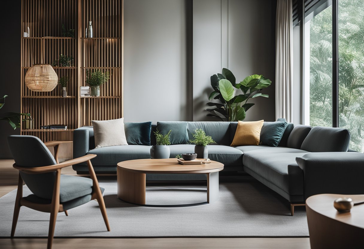 A modern living room with sleek, minimalist furniture and stylish decor, showcasing the hommage furniture collection in Singapore