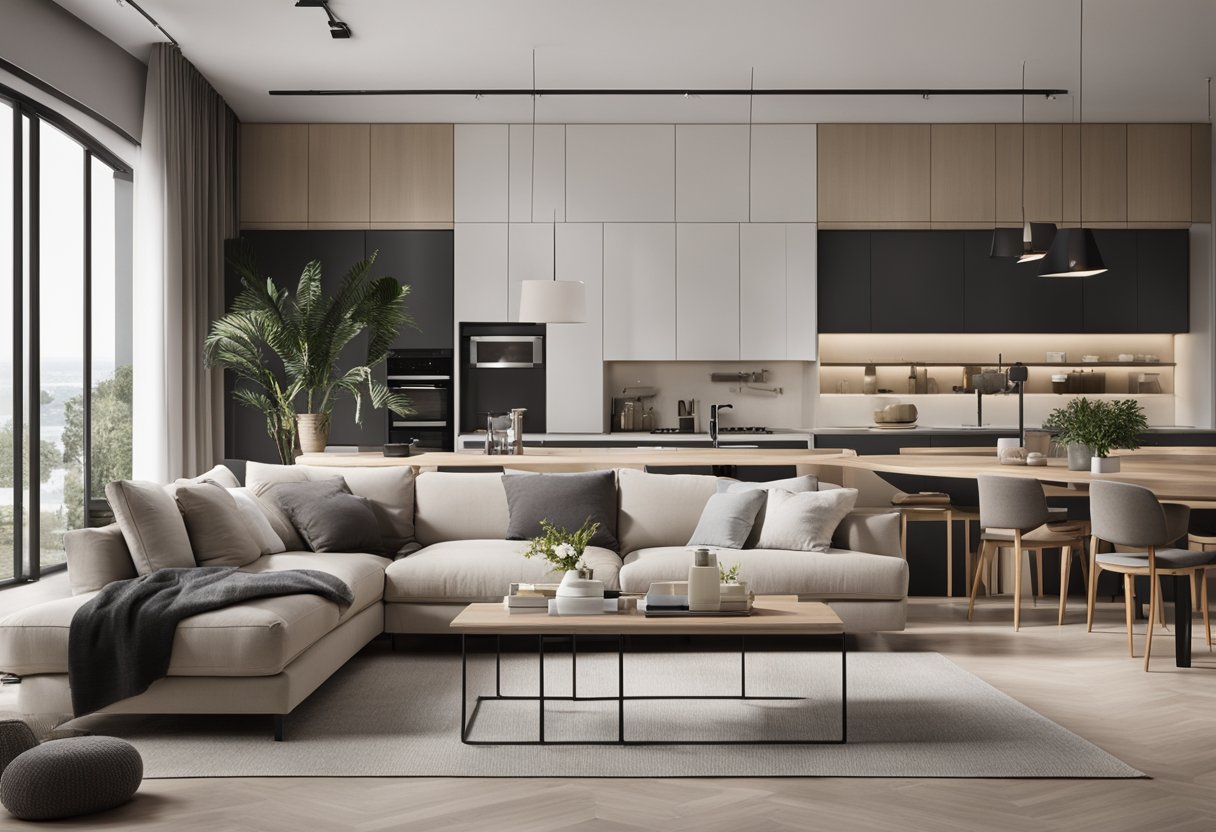 A modern living room with minimalist furniture, neutral color palette, and plenty of natural light. A sleek kitchen with built-in appliances and a stylish dining area