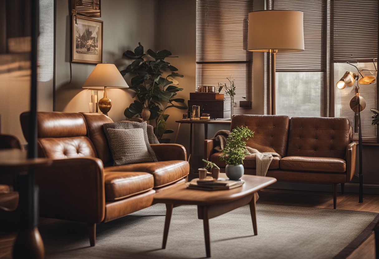 A cozy living room with a mix of vintage furniture, including a worn leather armchair, a mid-century coffee table, and a retro floor lamp